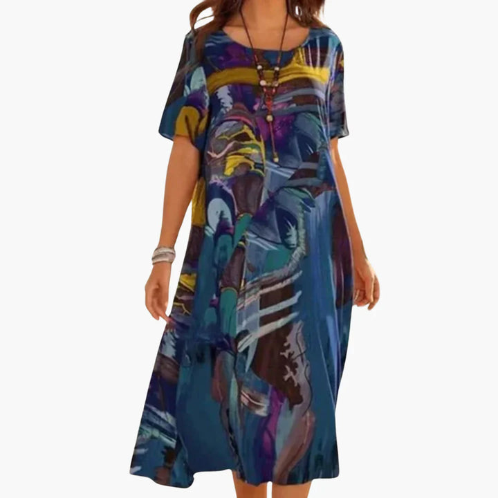 Casual women's midi dress with abstract floral print and comfortable relaxed fit for everyday wear