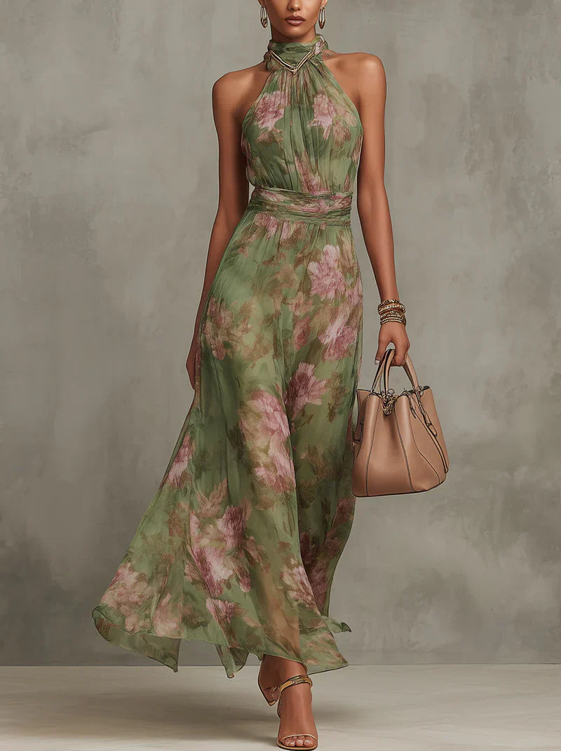 Floral halter maxi dress in green with pink floral print and gathered neckline detail