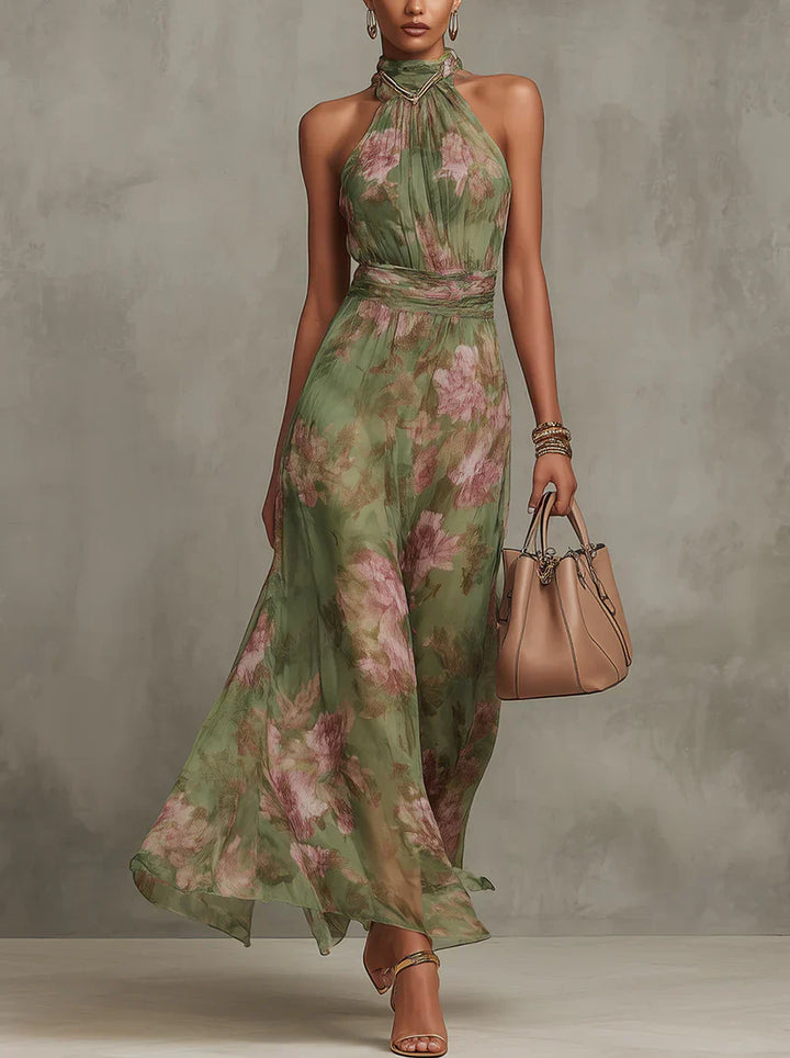 Floral halter maxi dress in green with pink floral print and gathered neckline detail