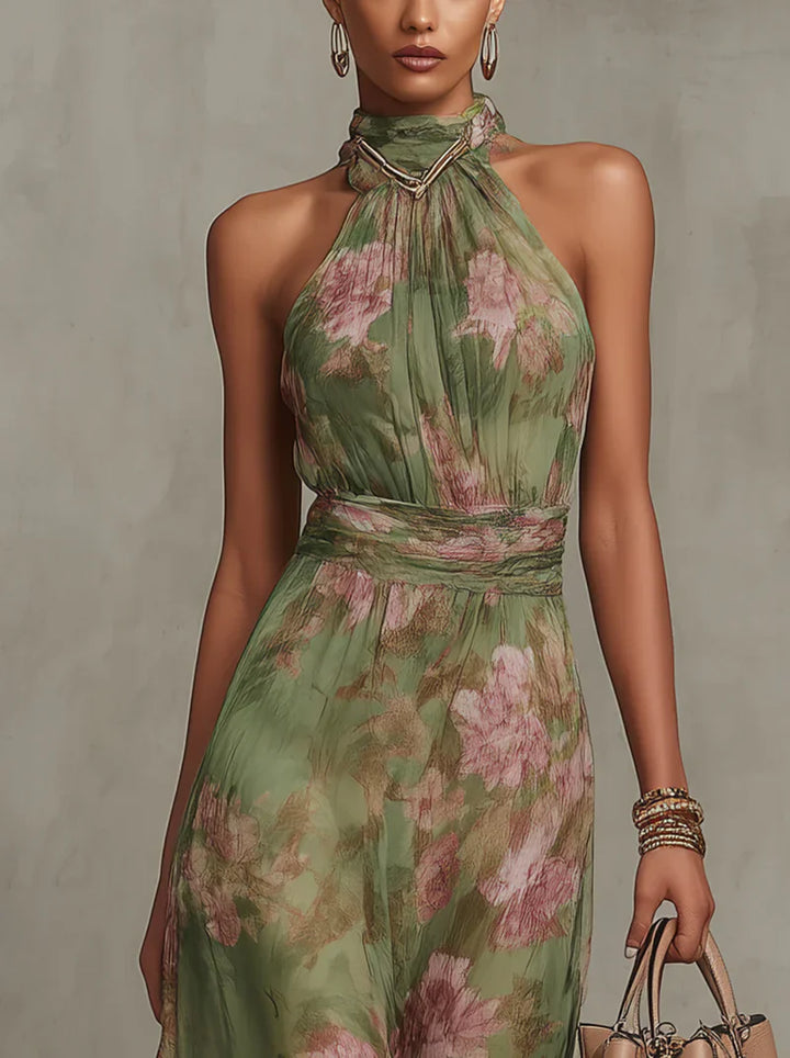 Close-up of halter neckline with metallic trim and gathered chiffon fabric detail