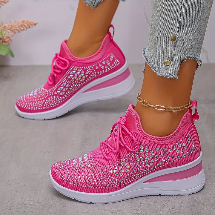 Full product view of women's orthopedic trainers with rhinestone embellishments and lace-up closure