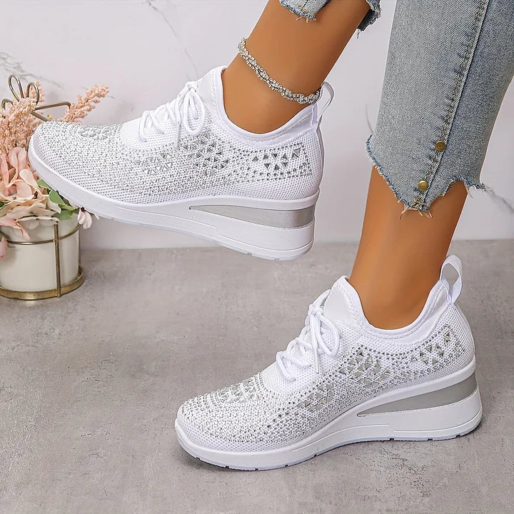 Premium Comfortable Orthopedic Shoes in white colourway with full rhinestone detailing and mesh construction