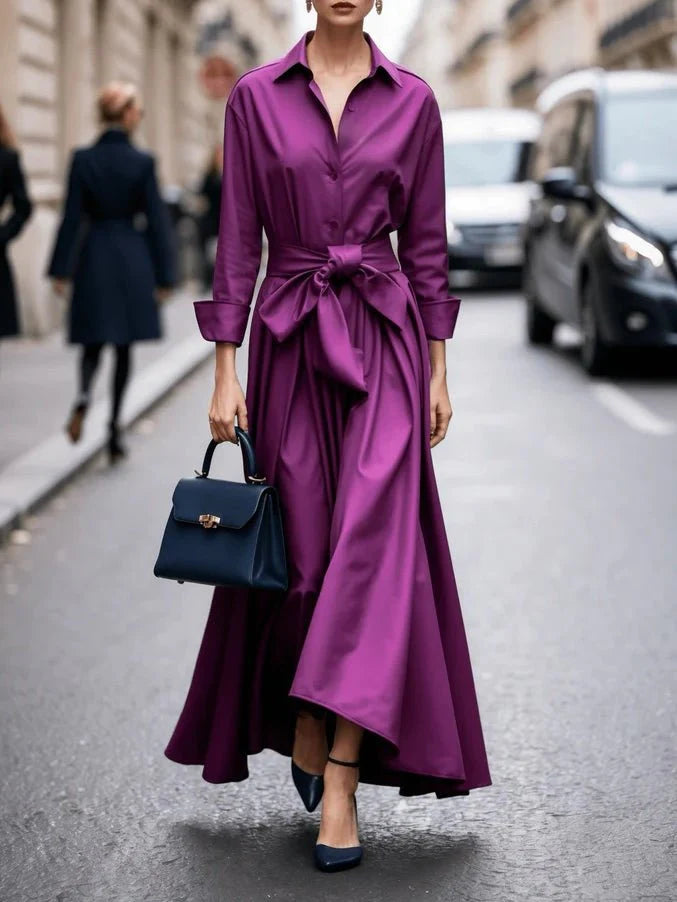 Women's shirt maxi dress in purple with tie waist and classic collar on city street