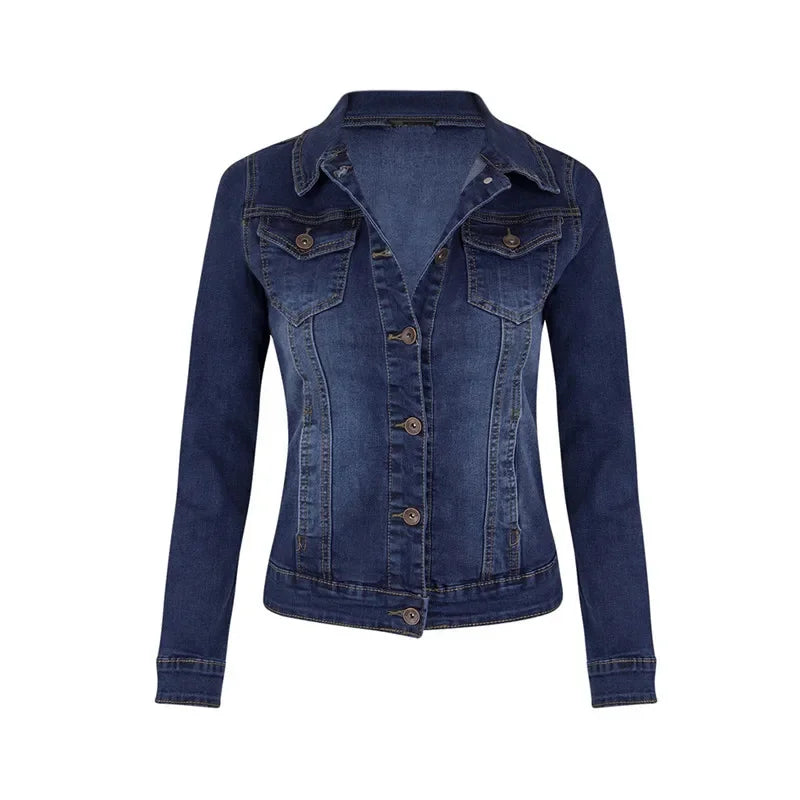 Women's Short Denim Casual Jacket in mid-blue wash with classic collar and button-front closure