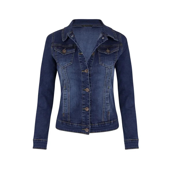Women's Short Denim Casual Jacket in mid-blue wash with classic collar and button-front closure