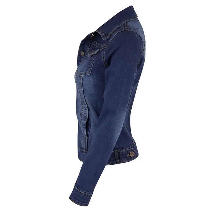 Front view of women's denim jacket showing structured fit and dual chest pockets with button flaps