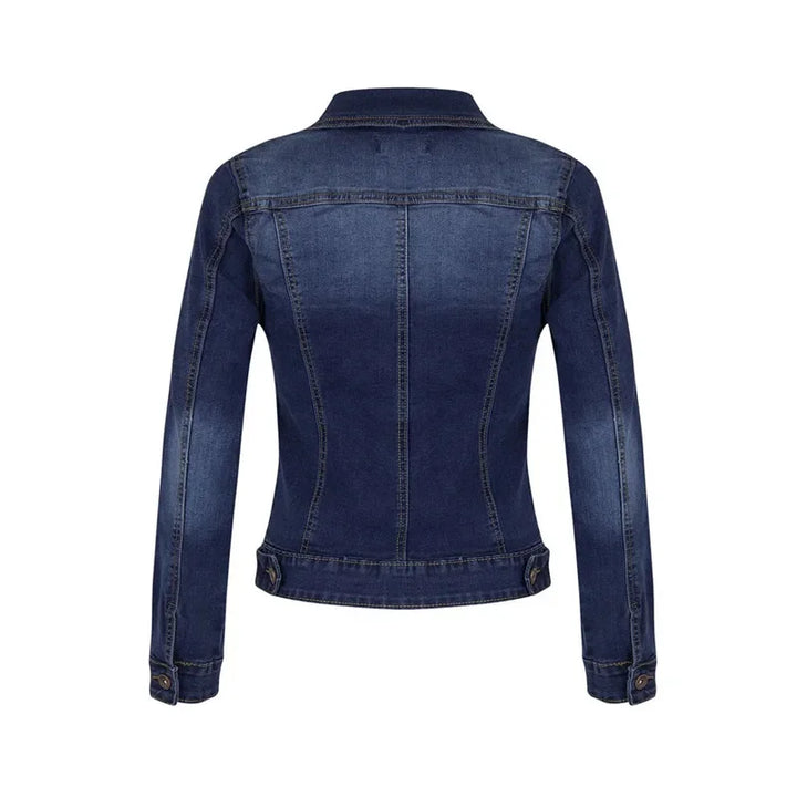 Close-up of denim jacket collar and button detailing with adjustable cuffs on long sleeves
