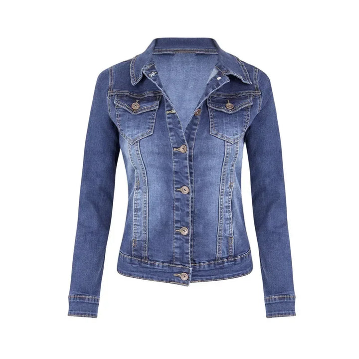 Side view of short denim jacket highlighting hip-length cut and tailored silhouette for casual wear
