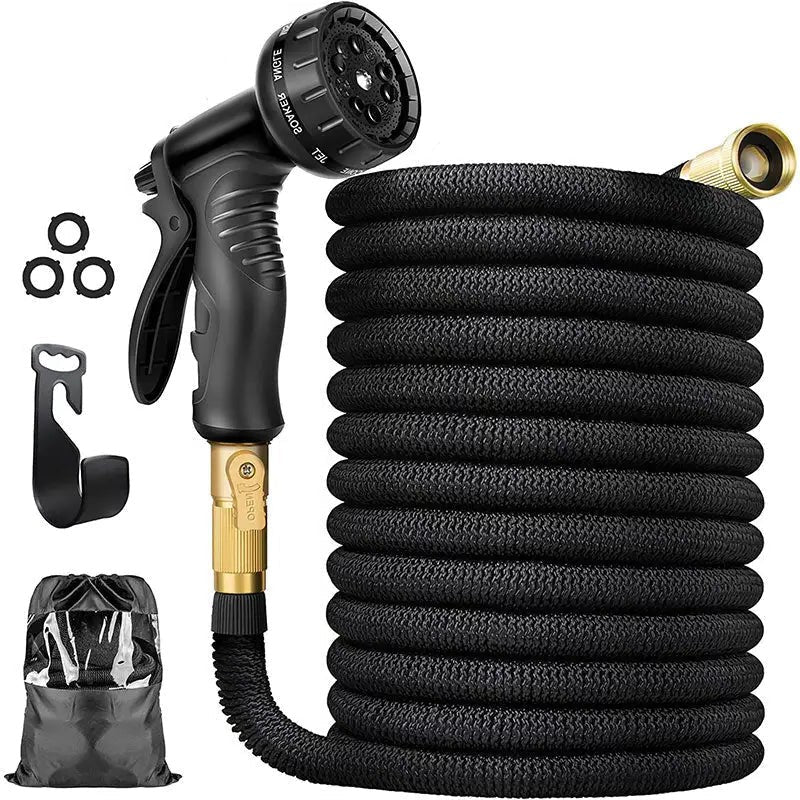 100FT Expandable Garden Water Hose With Sturdy Construction featuring 8 spray modes, brass fittings, and compact storage bag