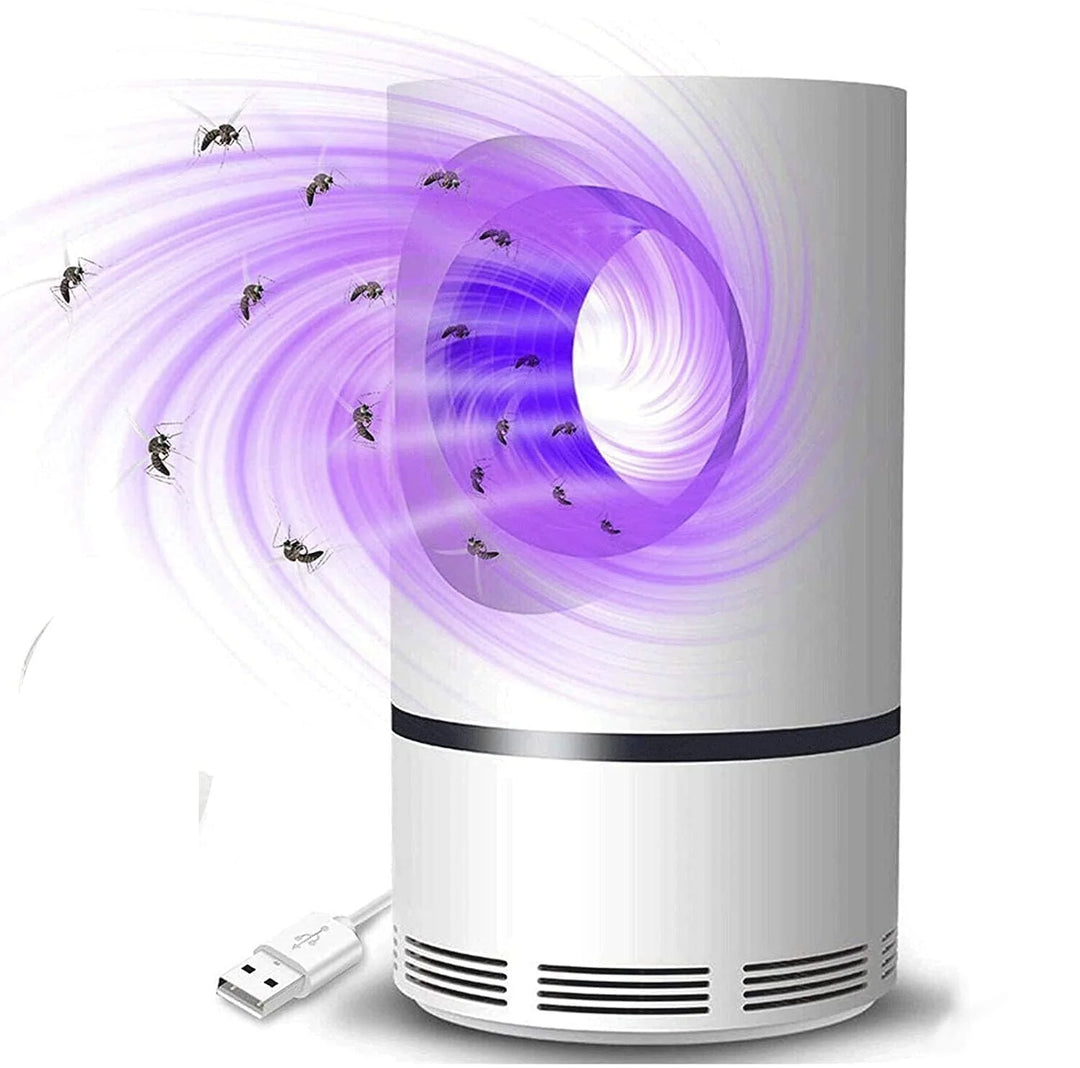 Indoor/Outdoor UV Light Mosquito & Fly Trap for Pest Control with purple UV light attracting flying insects into cylindrical white device