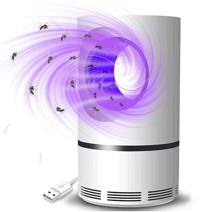 Indoor/Outdoor UV Light Mosquito & Fly Trap for Pest Control with purple UV light attracting flying insects into cylindrical white device