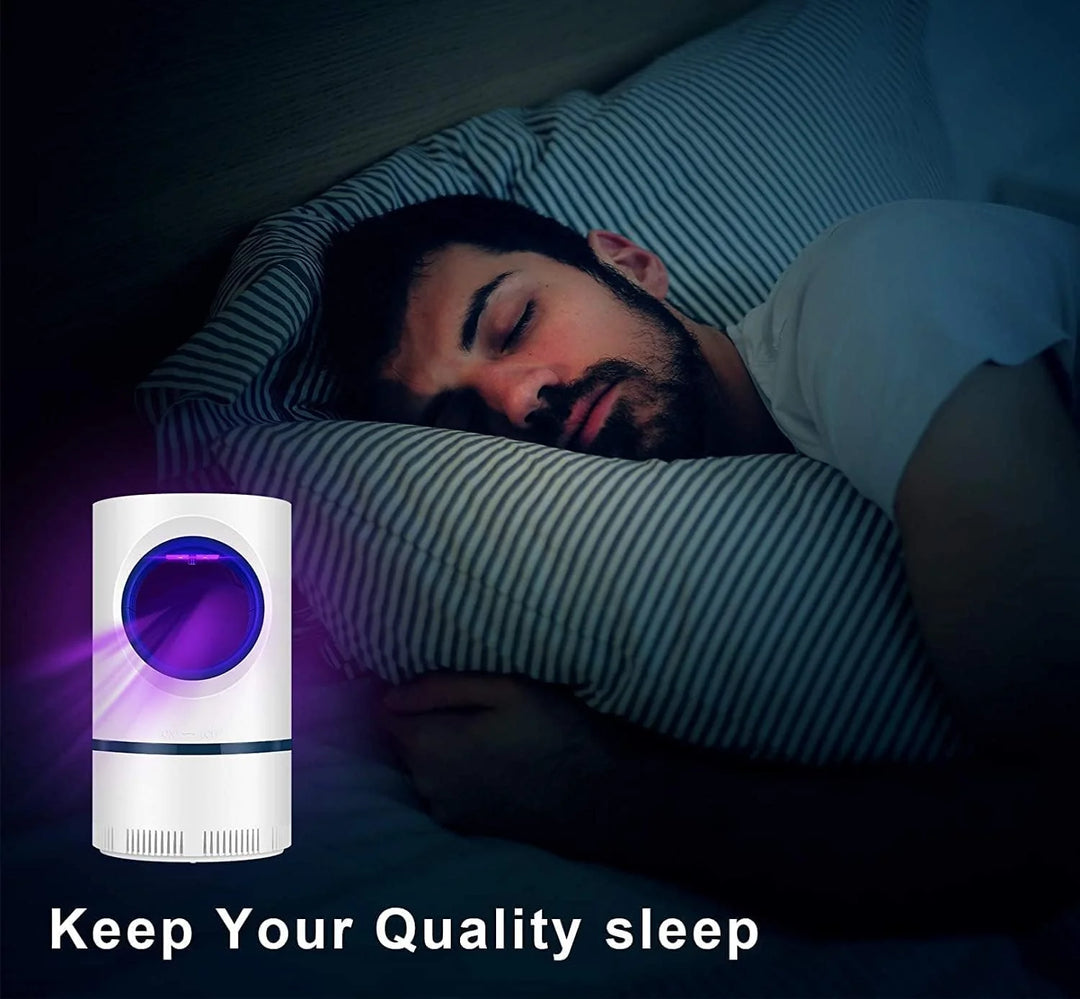 White cylindrical UV insect trap showing ventilation grilles and USB power cable for mosquito and fly control