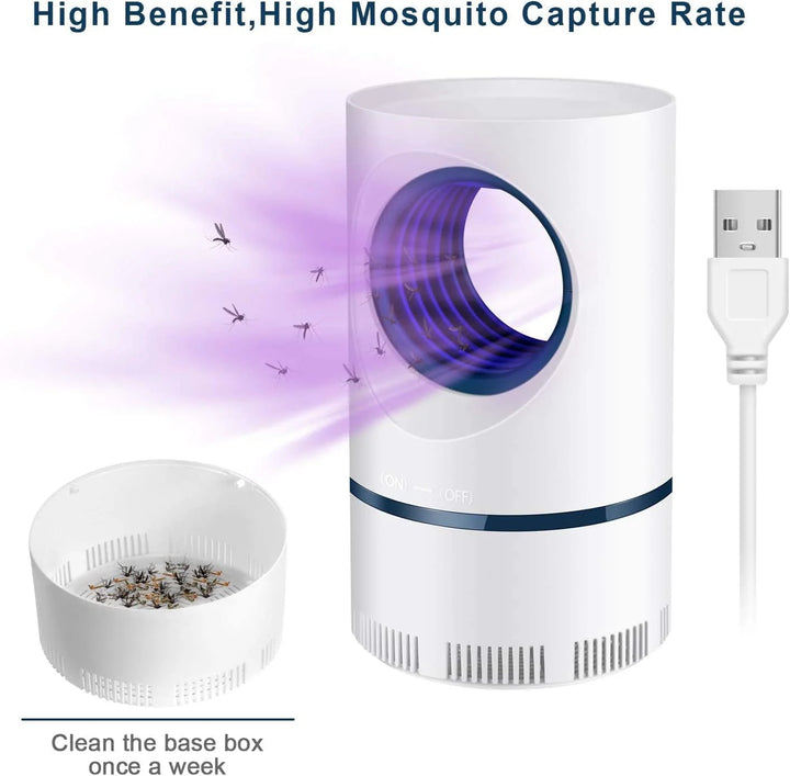 Close-up of UV light mosquito trap chamber with purple glow demonstrating insect attraction technology