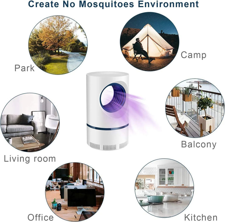 UV light insect trap in operation with visible purple light spiral attracting mosquitoes and flies