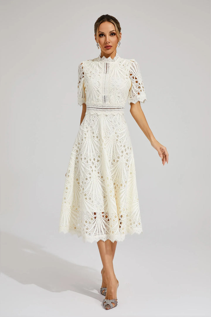 Lace midi dress in white with short sleeves and elegant occasion-ready design