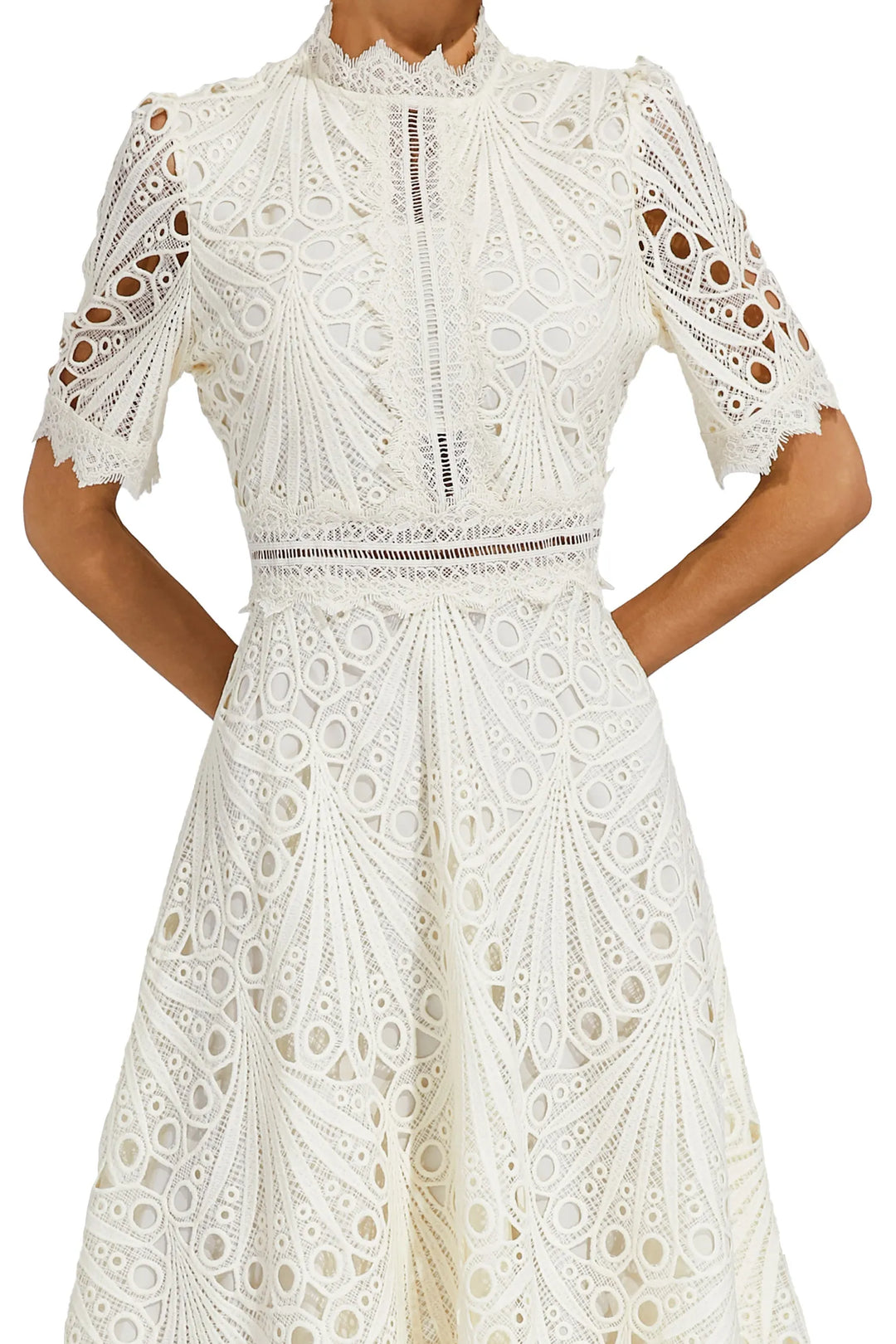 Full view of white lace midi dress with intricate detailing throughout