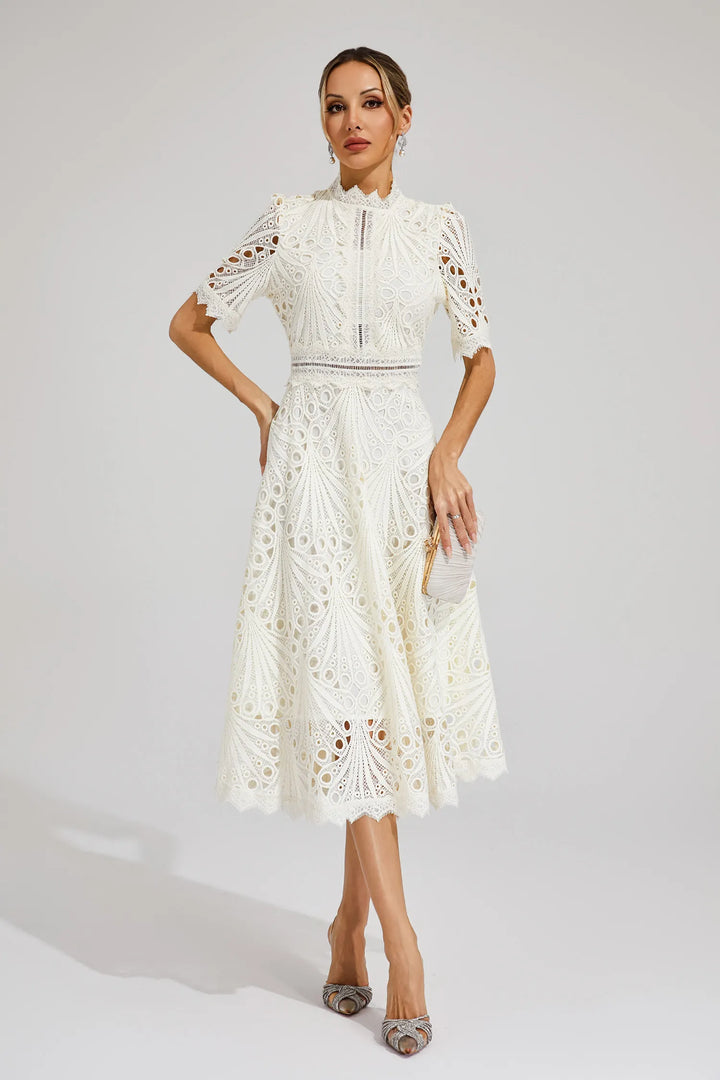 Lace midi dress styled for christening, wedding, or garden party occasion