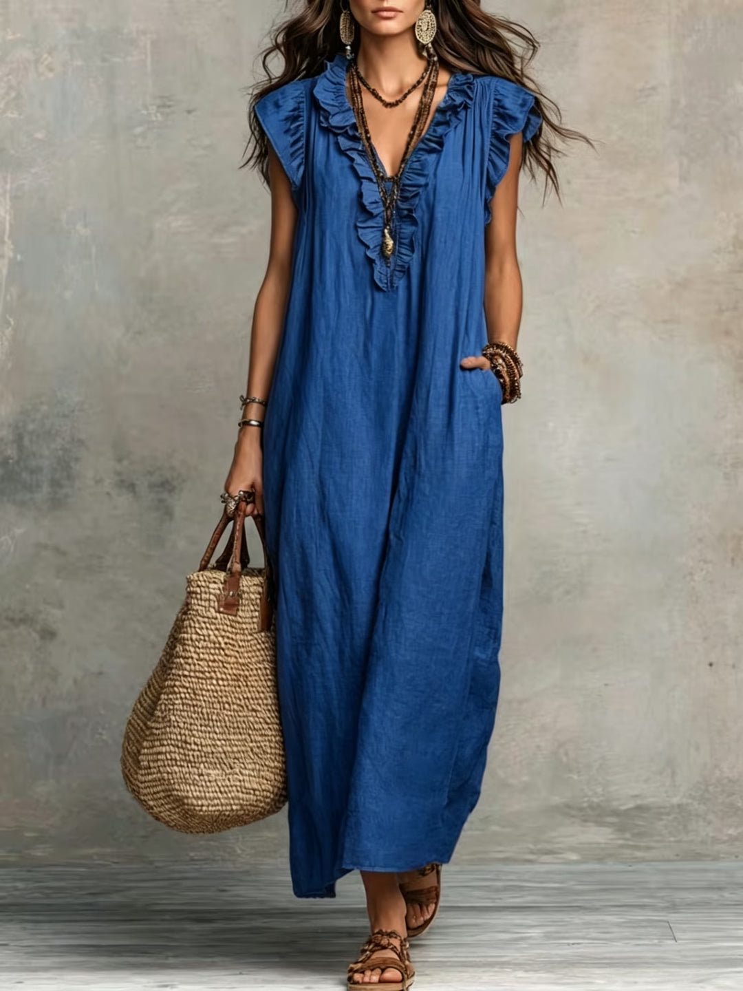 Stylish Ruffle Sleeveless Dress in blue with V-neckline and maxi-length relaxed silhouette for women