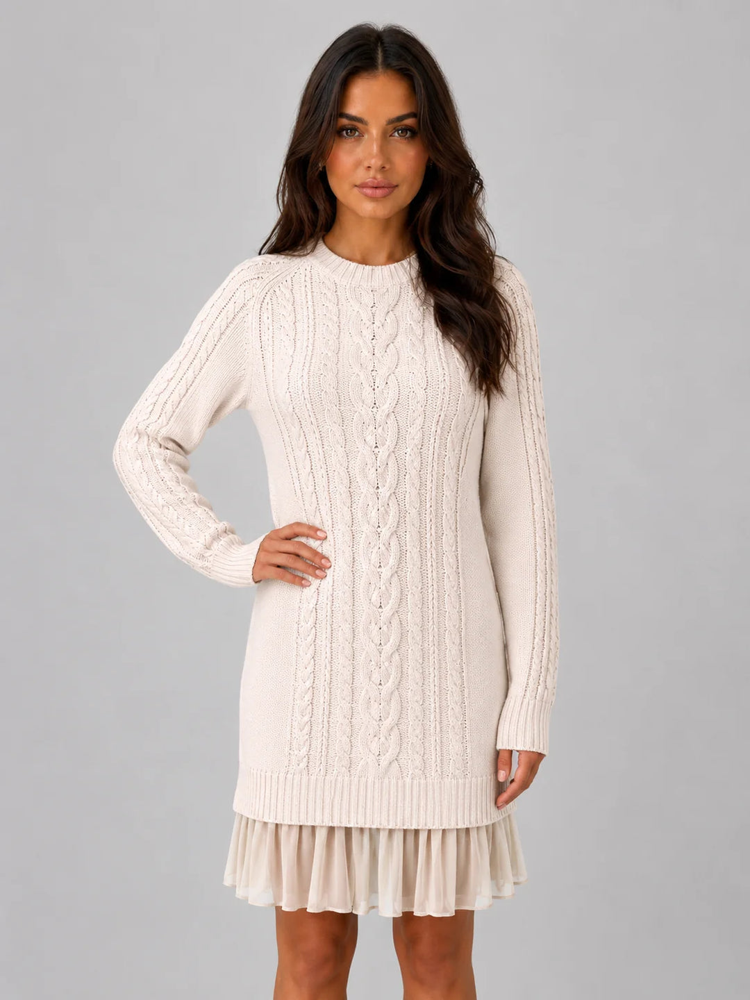 Women's Cable Knit Jumper Mini Dress – Pleated Hem Long Sleeve in cream with classic cable texture and flowing pleated skirt detail