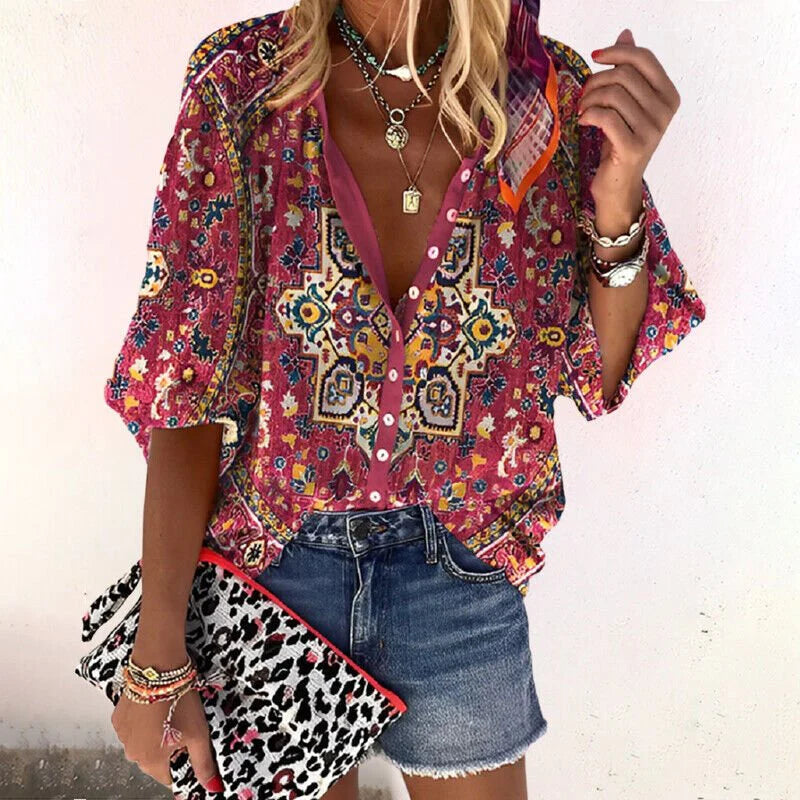 Women's relaxed fit blouse with all-over floral print styled with denim jeans for casual wear