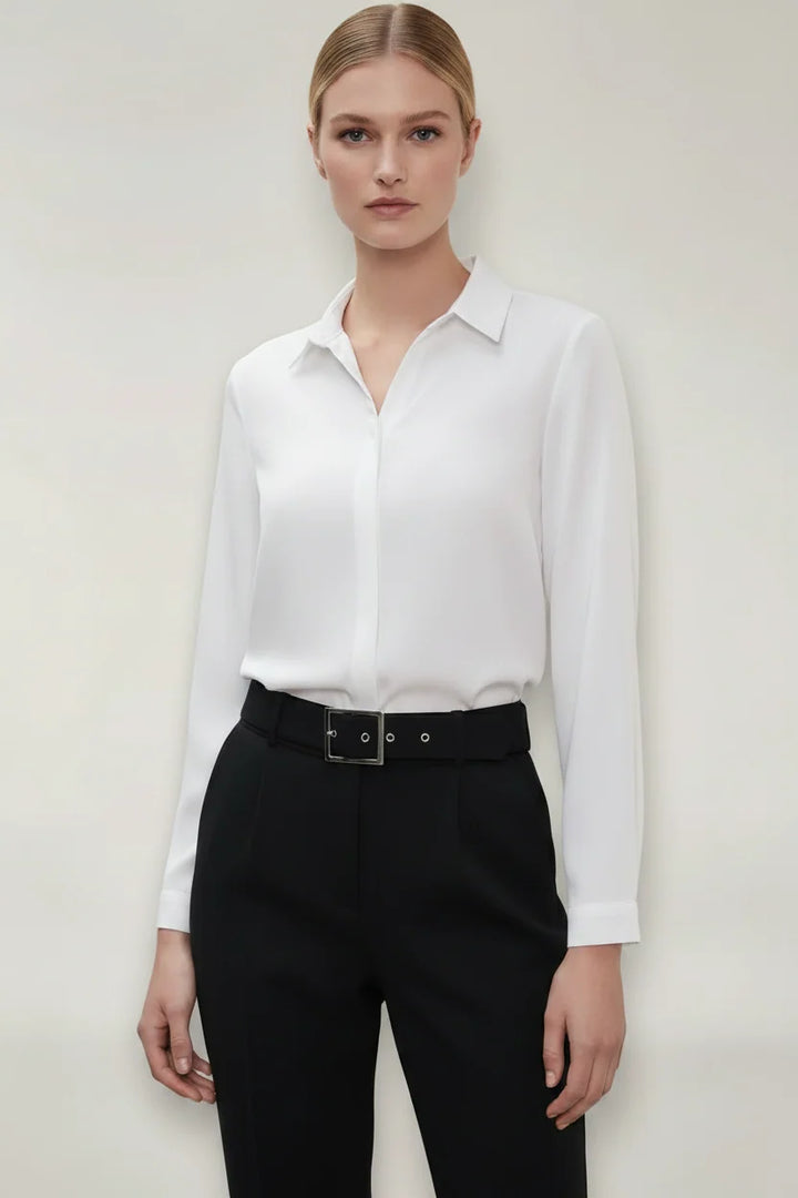 Women's Tailored Button-Up Blouse in white with classic collar and front button closure