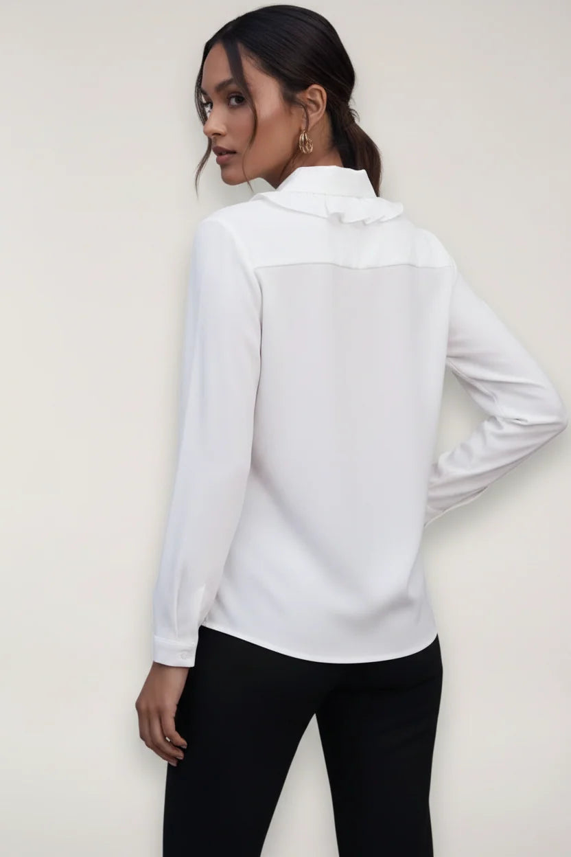 Close-up view of Women's Tailored Button-Up Blouse showing structured fabric and refined silhouette