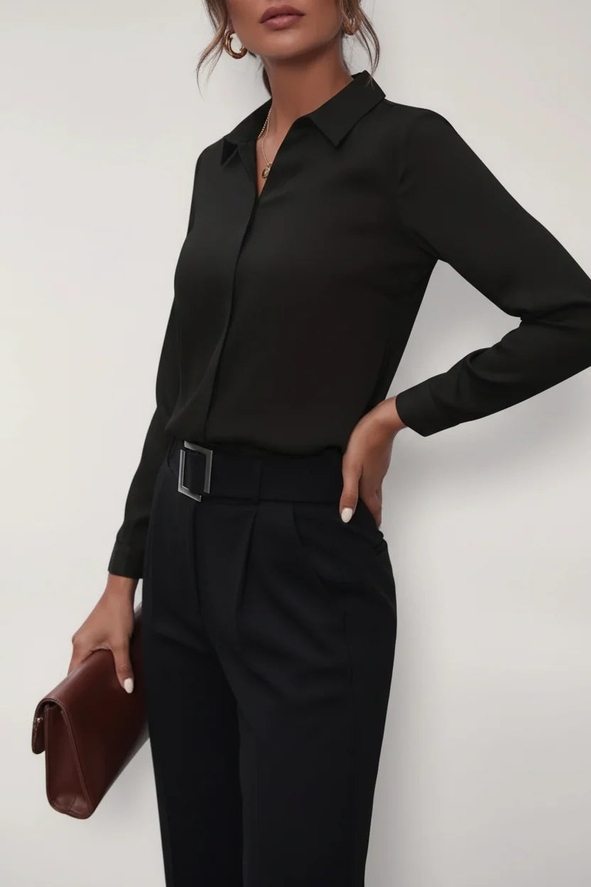 Side view of Women's Tailored Button-Up Blouse displaying subtle waist definition and long sleeves