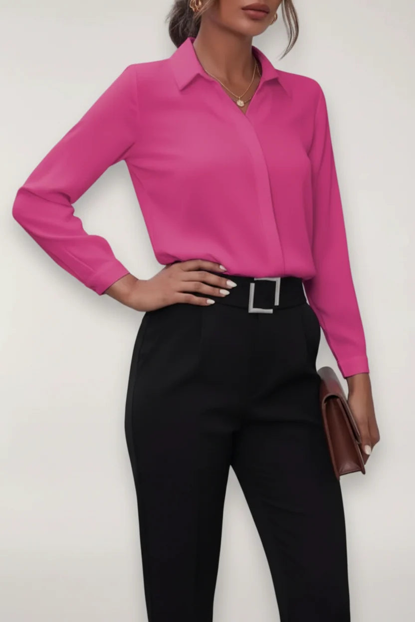 Detail shot of Women's Tailored Button-Up Blouse collar and button closure