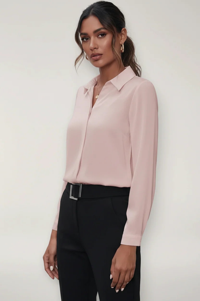 Full-length view of Women's Tailored Button-Up Blouse paired with black trousers