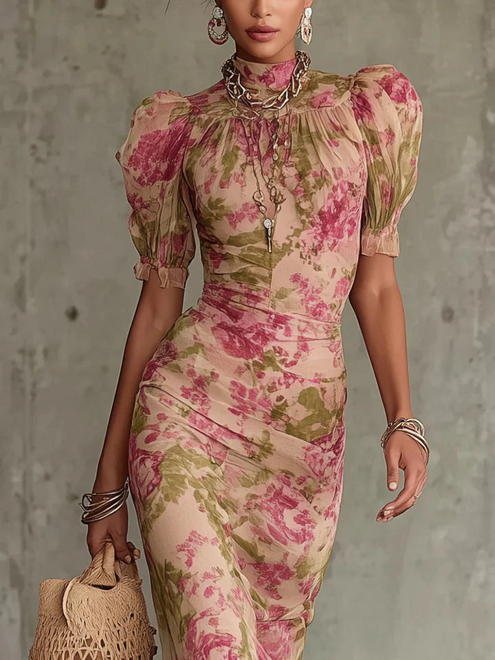 Side view of vintage-inspired maxi dress showing fitted waist and flowing skirt with floral pattern