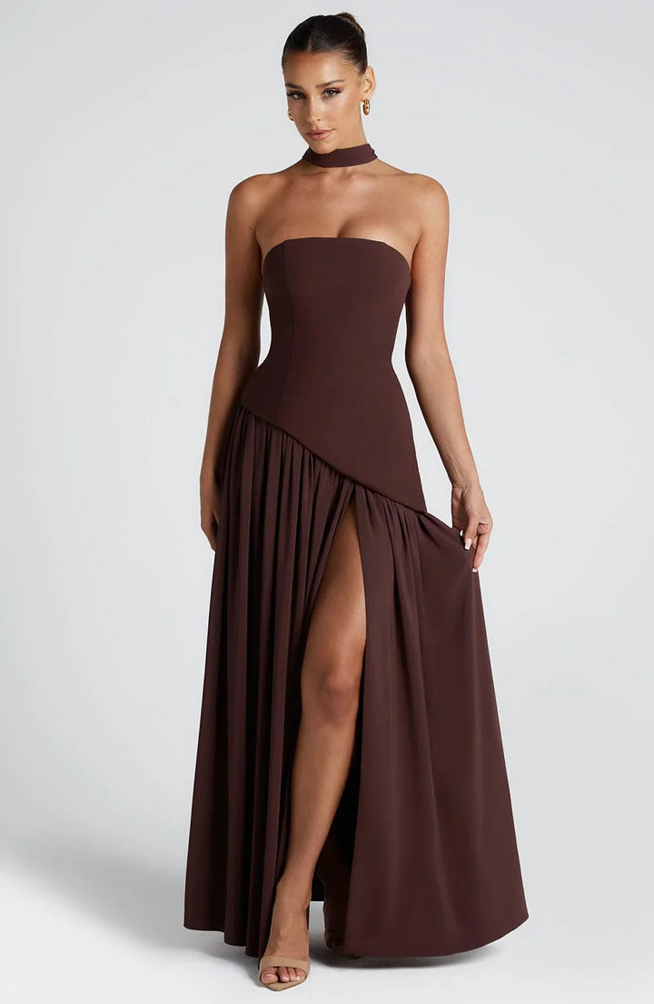 Full-length shot of the maxi dress showing the high slit and leg-elongating effect