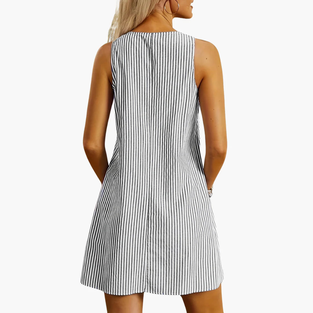 Above-knee striped dress with vertical pattern and round neckline for warm-weather outings