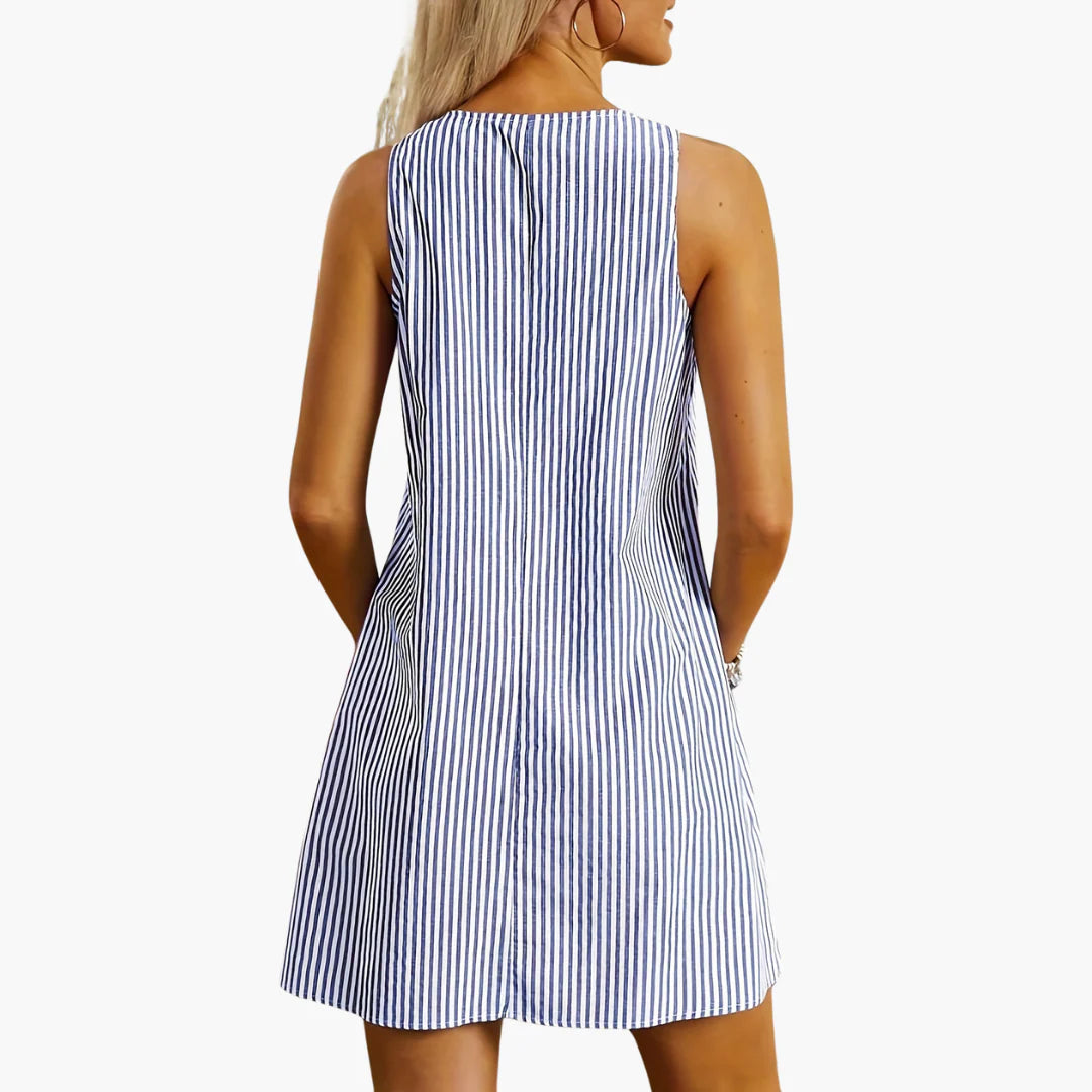 Sleeveless striped mini dress featuring scoop neckline and relaxed fit above the knee