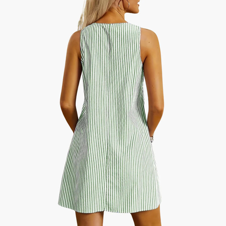 Vertical stripe mini dress with scoop neckline and hip pockets for casual summer style