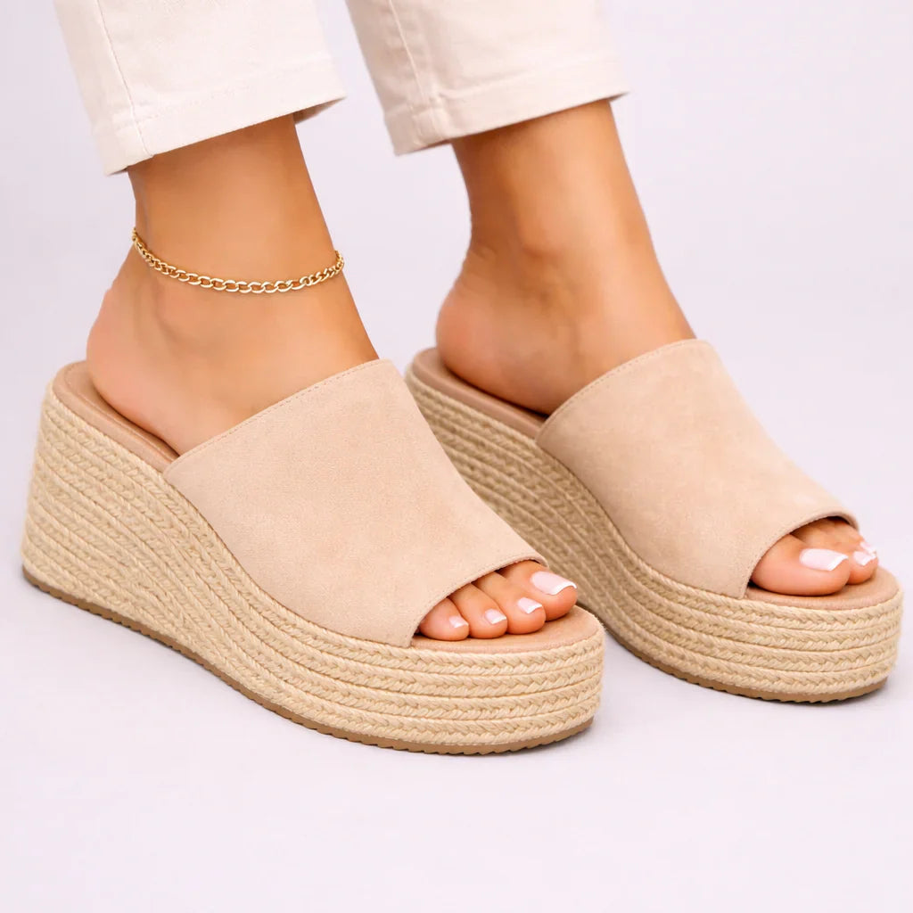 Women's espadrille wedge sandals with braided platform sole and slip-on design in neutral beige tone