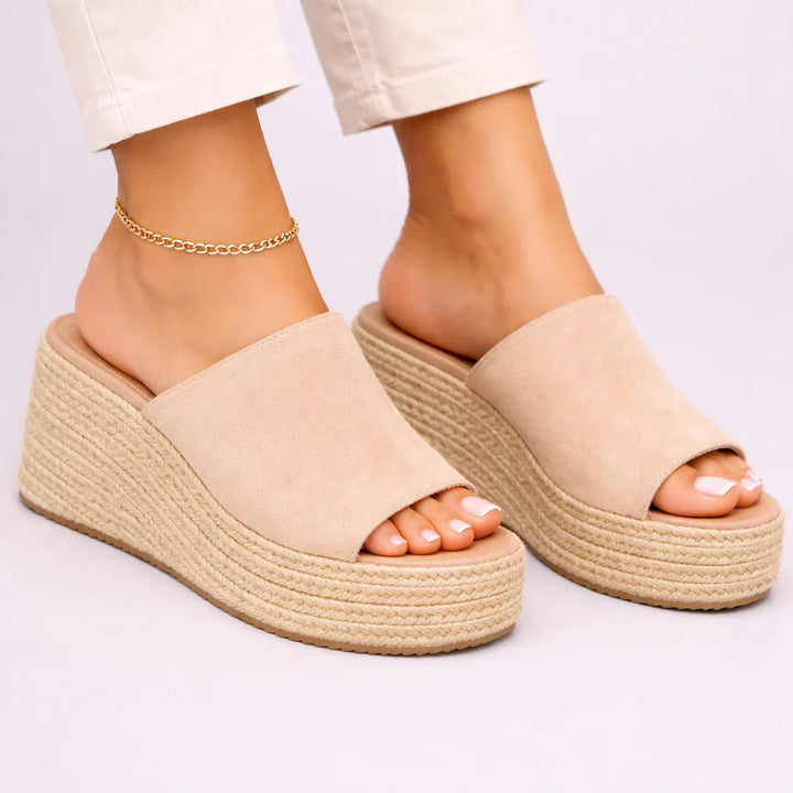 Women's espadrille wedge sandals with braided platform sole and slip-on design in neutral beige tone
