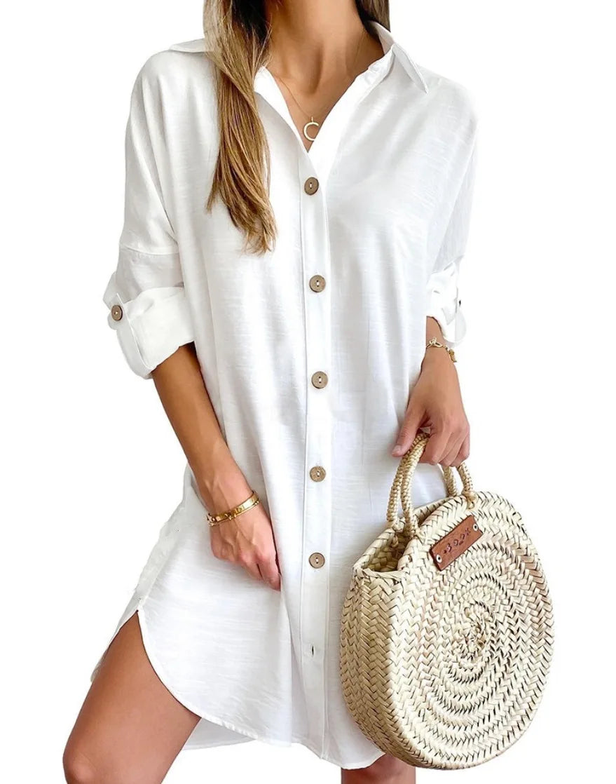 Women's linen shirt dress in white with button-through front and roll-tab sleeves