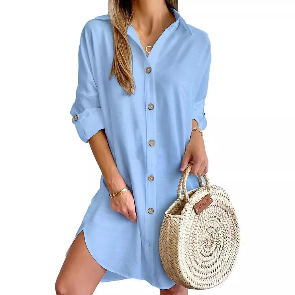 Close-up of linen shirt dress collar and wooden button placket detail