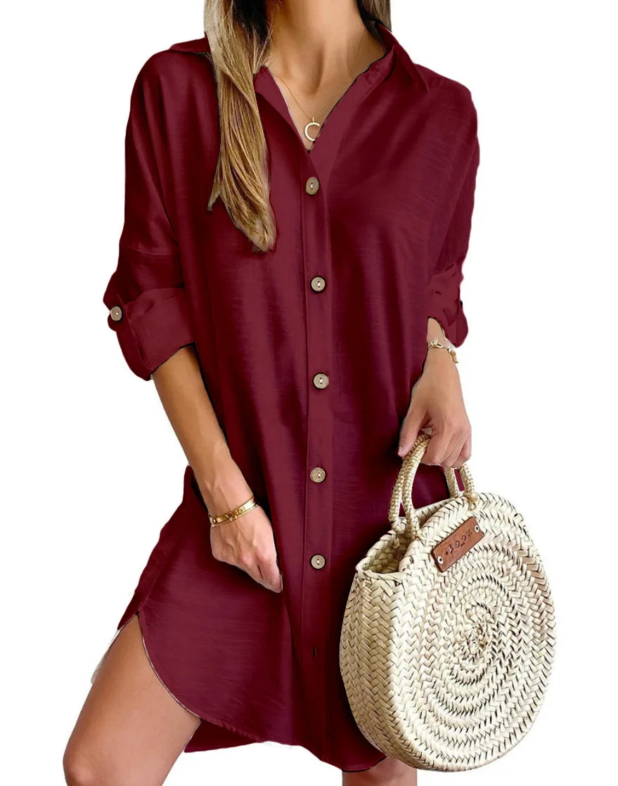 Back view of women's button-up shirt dress in lightweight woven fabric