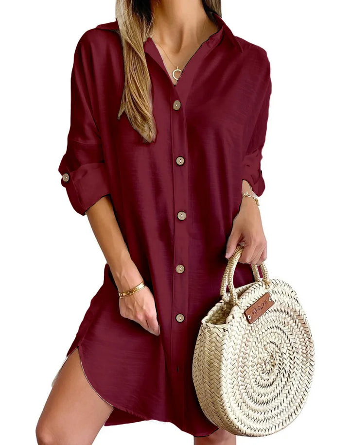 Back view of women's button-up shirt dress in lightweight woven fabric