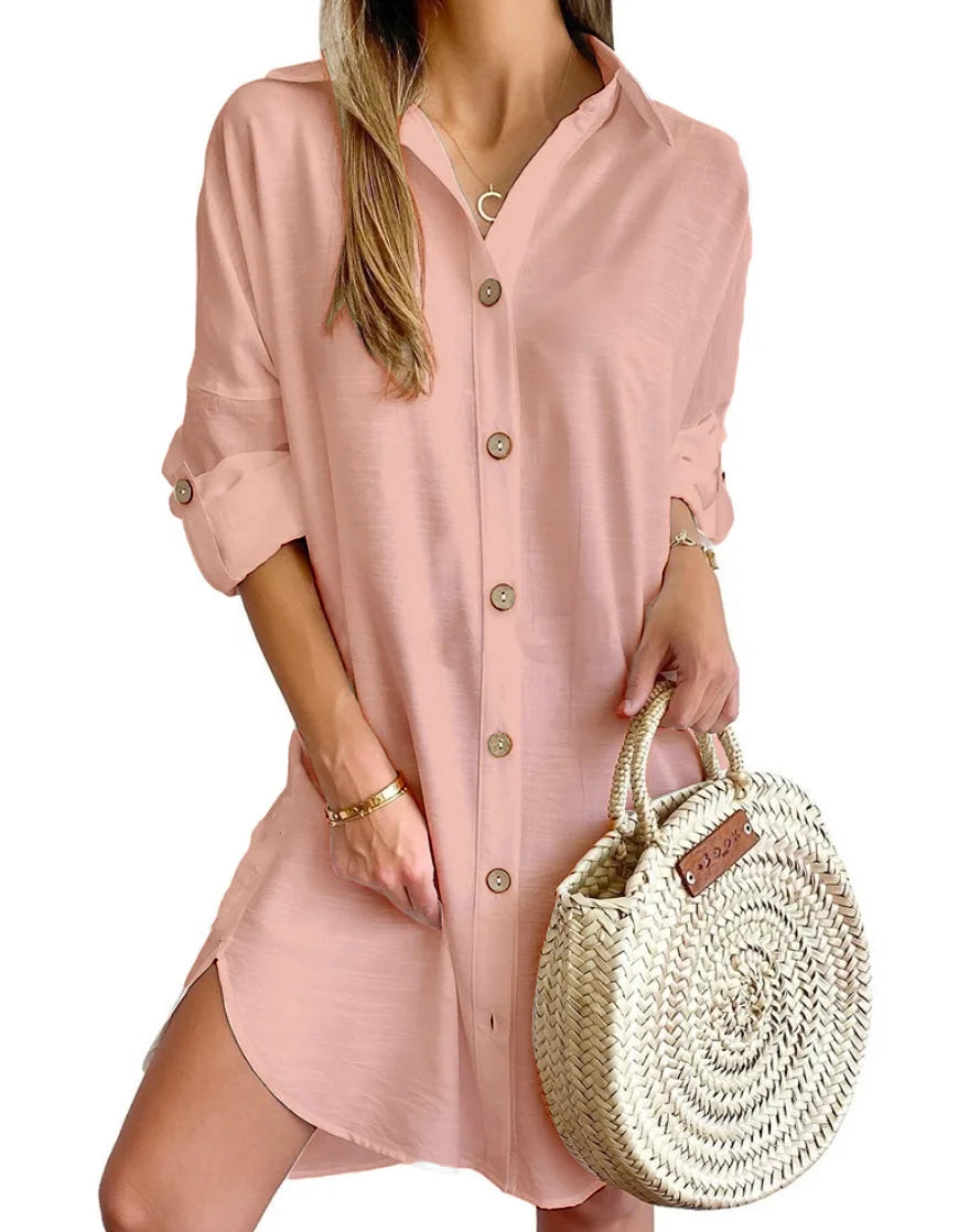 Full-length view of white linen shirt dress styled with woven basket bag