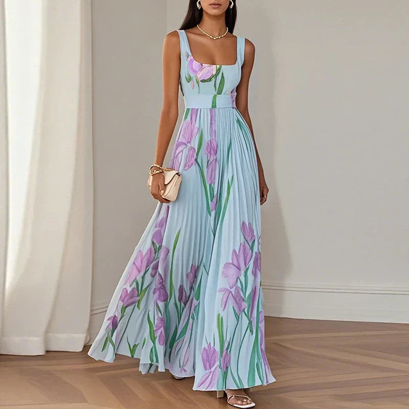 Side angle of maxi dress displaying flowing movement and floral print detail