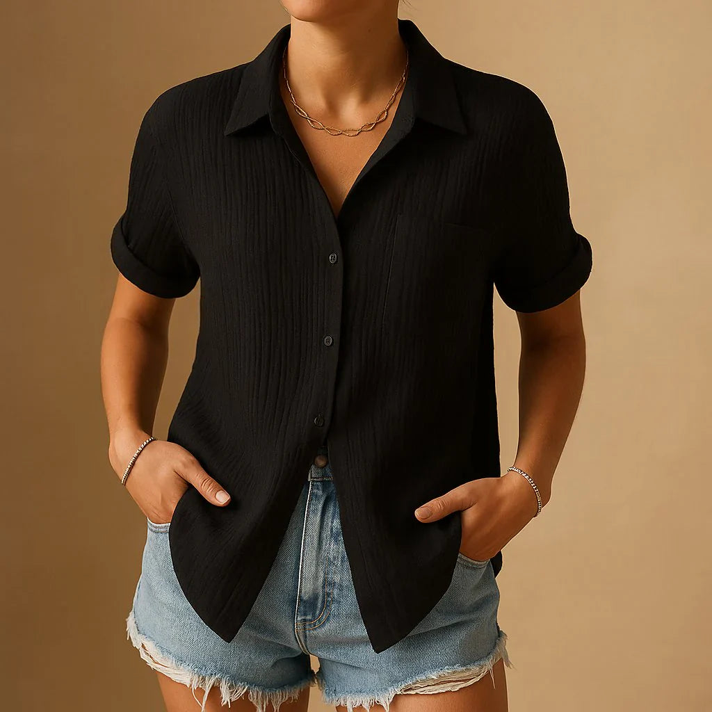 Side view of women's relaxed short sleeve shirt with natural texture and drape