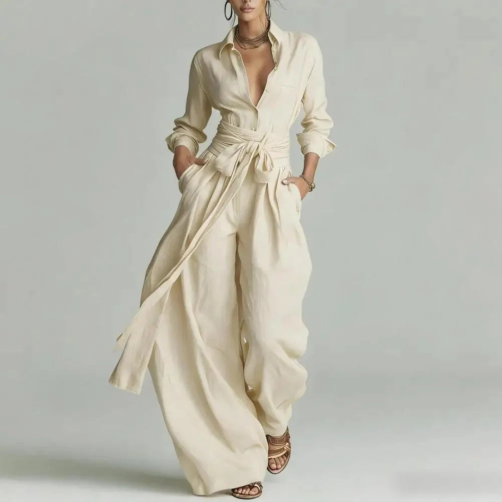 Women's open-collar shirt and wide-leg trousers co-ord set in cream with self-tie waist detail
