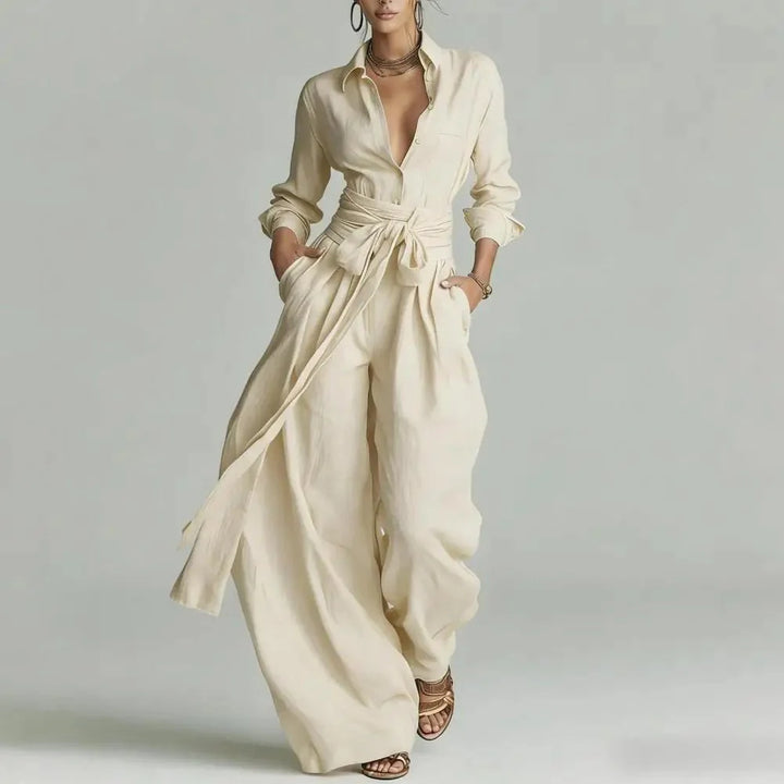 Women's open-collar shirt and wide-leg trousers co-ord set in cream with self-tie waist detail