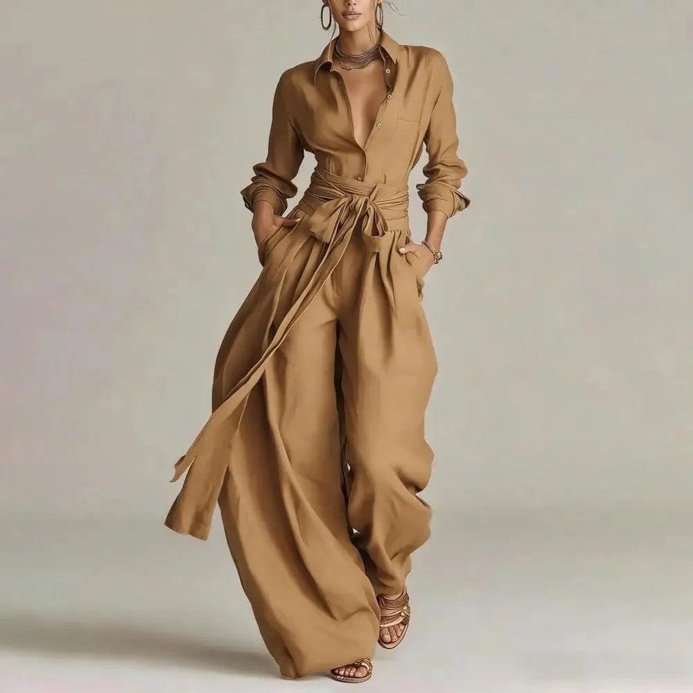 Relaxed fit shirt paired with high-rise wide-leg trousers creating an elongating silhouette