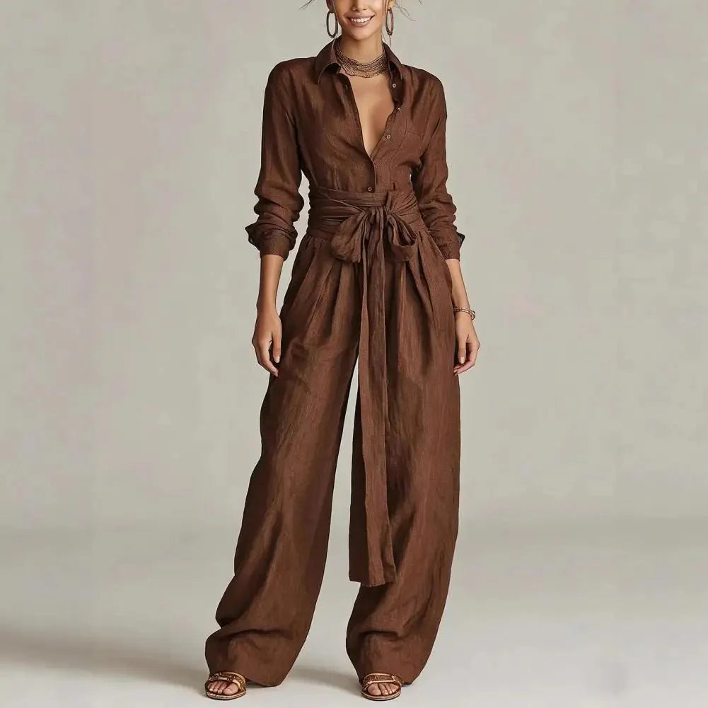 Lightweight woven co-ord set with button-front shirt and flowing wide-leg trousers