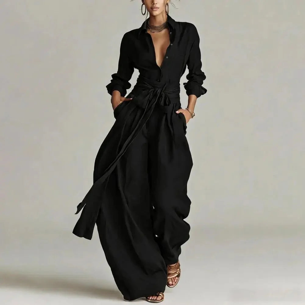 Two-piece set featuring open-collar shirt and adjustable tie-waist wide-leg trousers for day-to-evening wear