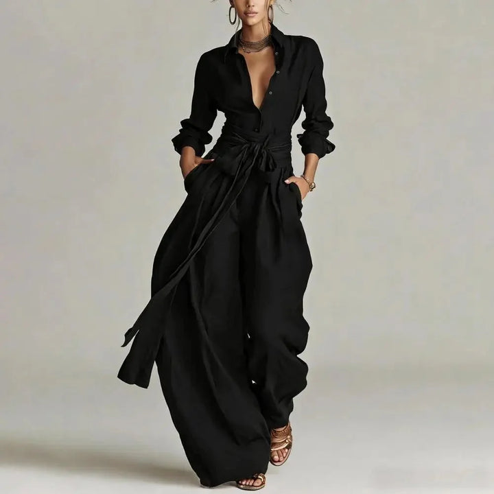 Two-piece set featuring open-collar shirt and adjustable tie-waist wide-leg trousers for day-to-evening wear