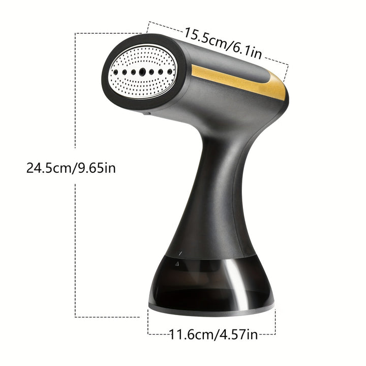 Handheld garment steamer dimensions: 24.5 cm high, 15.5 cm long, 11.6 cm base